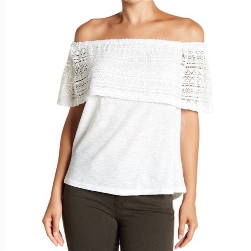 LUCKY Brand White Lace Crochet Ruffle Off the Shoulder Top S